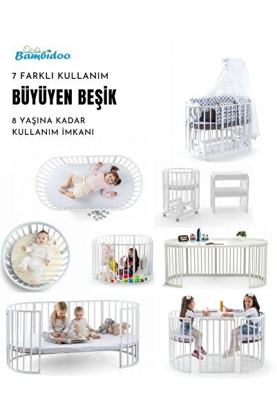 Bamgidoo Ahşap Beşik (BEBEĞİNİZ İLE BÜYÜYEN BEŞİK) Beyaz Mavi Yıldız Uyku Set...