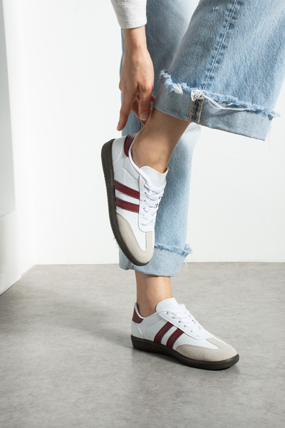 eformoda by emre yılmaz Beyaz Bordo Unisex Kadın Erkek Şeritli Rahat Taban Günlük Sneaker Spor Ayakkabı Sm03