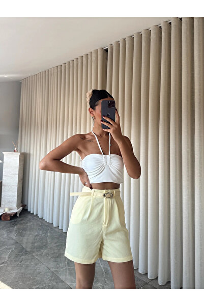 mydukkan.co Linen Single Pleated Belted Shorts - Yellow