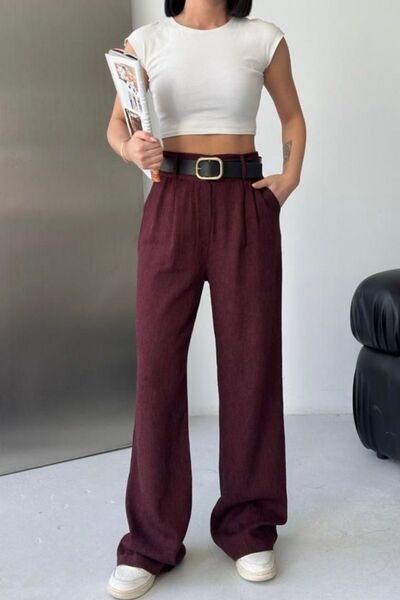 Thiff Γυναικεία ψηλόμεση Με λεπτομέρεια ζώνης Με πιέτες Βαμβάκι Λινό παντελόν...