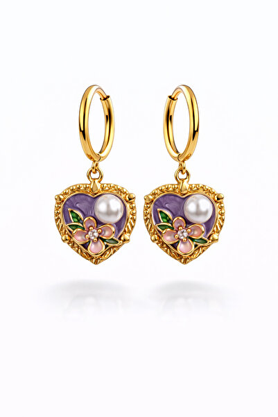 ZEYOLER FineJewelry Lavanta Kalp İnci Çiçek Detaylı Gold Küpe