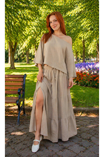B&T MODA Muslin Bohemian Style Crop Blouse and Layered Long Slit Skirt