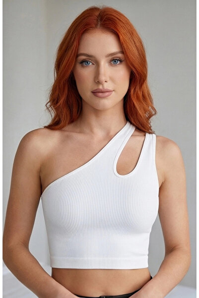 R ROCKBLACK Γυναικεία λευκή μπλούζα με έναν ώμο και λεπτομέρεια cut-out – Κομ...