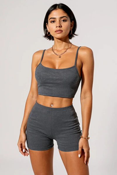 R ROCKBLACK Γυναικείο Σετ Νυχτικό πλέξη ριμπ με Σορτς σε Γκρι Ανθρακί – Μοντέ...