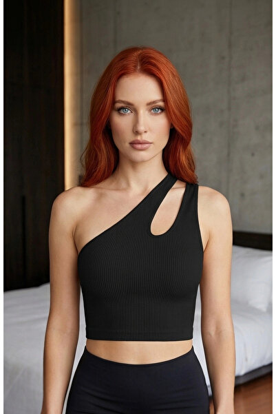 R ROCKBLACK Γυναικεία μαύρη μπλούζα με έναν ώμο και λεπτομέρεια cut-out Κοντό...