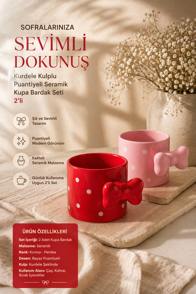 DİVAYS Kurdele Kulplu Puantiyeli Seramik Kupa Bardak Seti 2’li