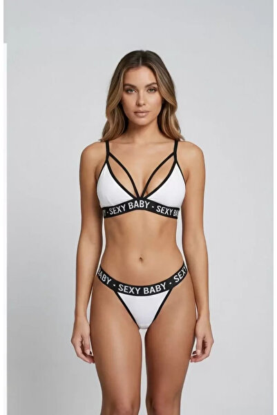 R ROCKBLACK Γυναικείο Σετ Σουτιέν με Λεπτομέρεια Λευκού Κειμένου και Κορδόνια...