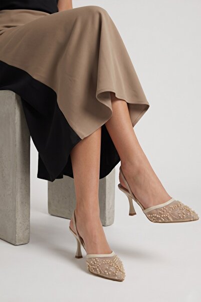Modezya Γυναικεία παπούτσια με τακούνι Sonia Beige Stone Detail με διάφανη ελ...