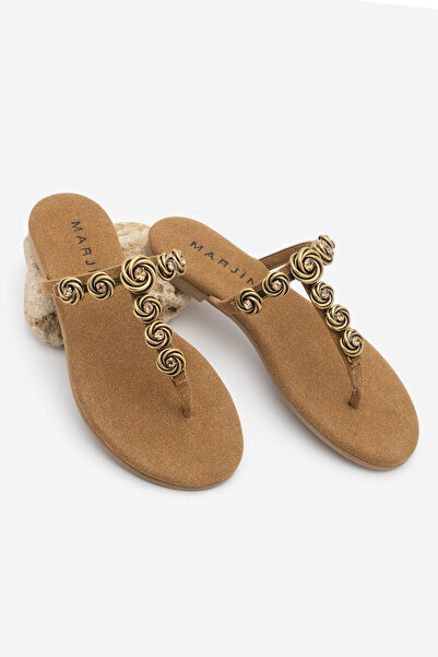 Marjin Γυναικείες παντόφλες με λεπτά λουράκια, χρυσή μεταλλική πόρπη και πέτρ...