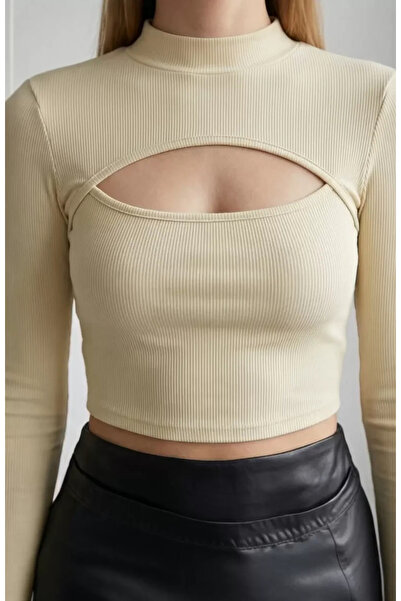 R ROCKBLACK Γυναικεία Μπλούζα Εκρού Με ντεκολτέ στο στήθος με Μακρύ Μανίκι κα...