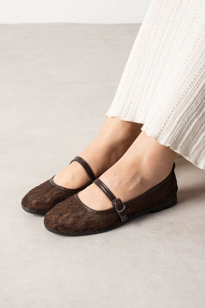 FUGA MODA Μπαλαρίνες Premium με Κεντημένη Ζώνη από Τούλι σε Καφέ Αλμπά και Κε...