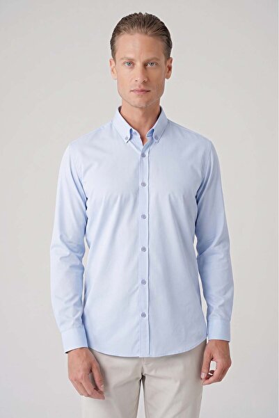 Efor Erkek Slim Fit Düğmeli Yaka Esnek Pamuklu Klasik Mavi Gömlek Gk 727