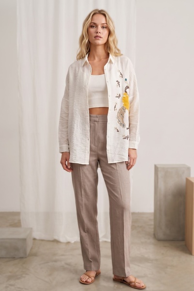 Cassime Γυναικείο Oversize Ecru Peacock Floral κεντημένο και κεντημένο πουκάμ...