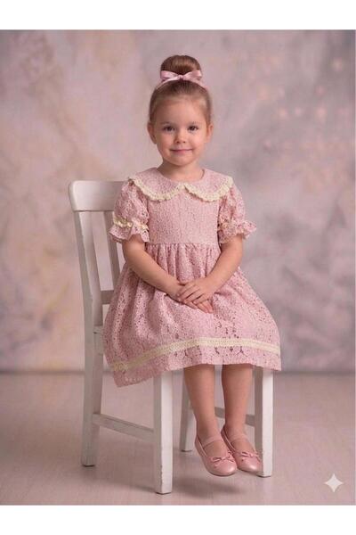 penu baby kids Pink Floral Patterned Lace & Fisto Detailed Short Sleeve Baby Girl & Girls Dress - Angelika
