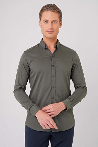 Efor Erkek Slim Fit Düğmeli Yaka Esnek Pamuklu Klasik Haki Gömlek Gk 727