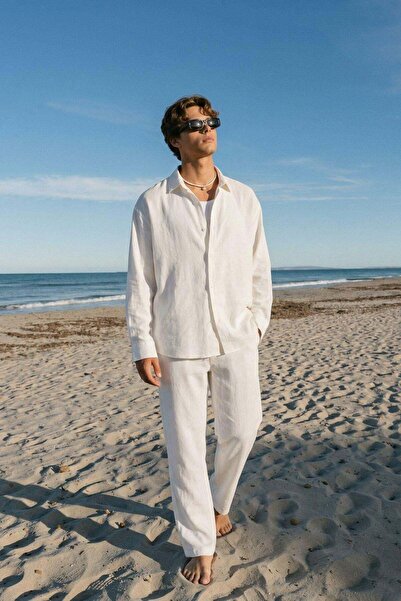 VAMOSCLO Basic Oversize Long Sleeve Modal Blended Shirt Ecru