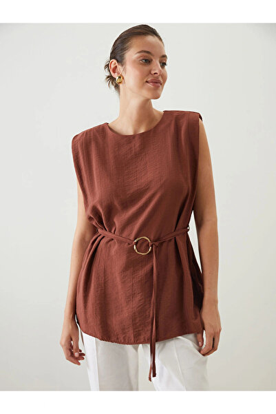 LC Waikiki Καφέ μπλούζα με λαιμόκοψη και ζώνη