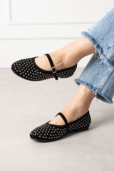FUGA MODA Balerini Margot din piele intoarsa neagra, cu catarama din nichel b...