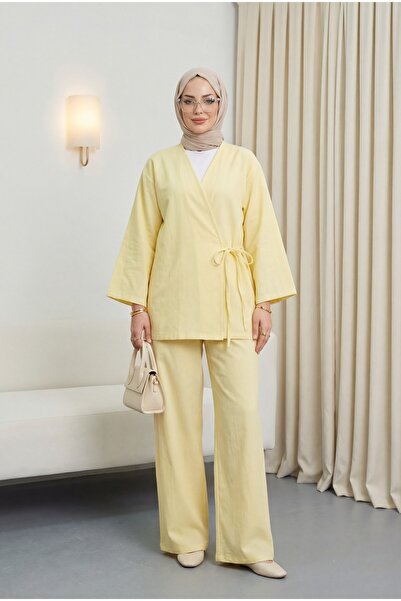 Modamorfo Σετ κιμονό με παντελόνι που δένει μπροστά - Ανοιχτό κίτρινο