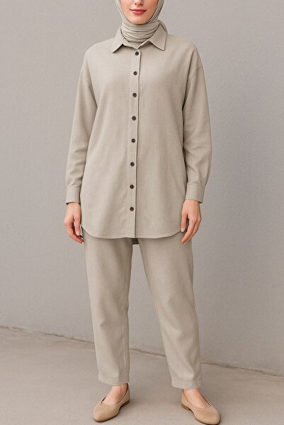 Modamorfo Παντελόνι με κουμπιά, πουκάμισο και λινό σετ - μπεζ