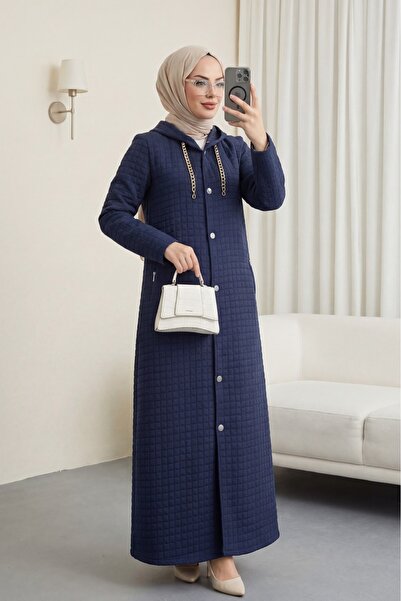 Modamorfo Long Quilted Coat with Chain Detail on the Collar - Navy Blue