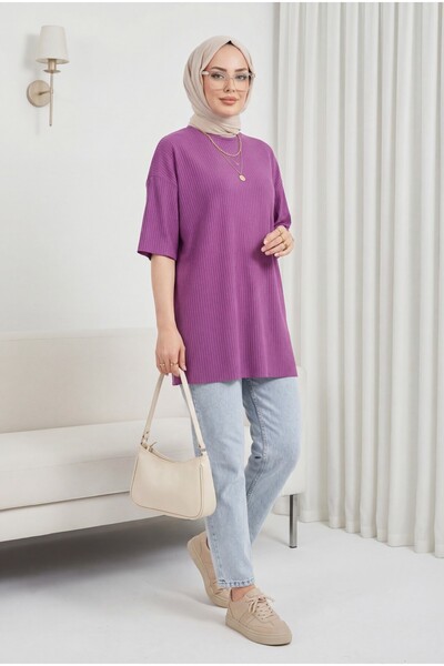 Modamorfo Μπλουζάκι με λαιμόκοψη και σχισμή - μωβ