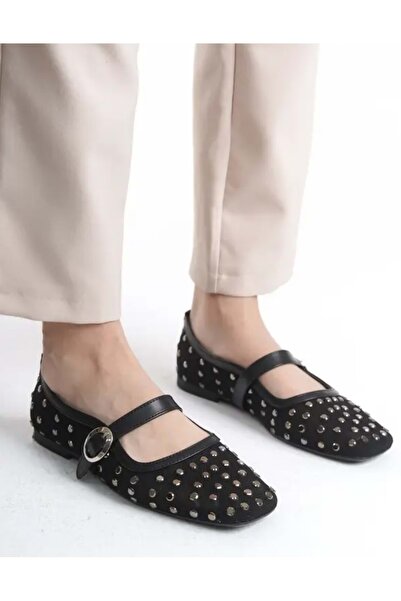 Kids Club Shoes Balerini de damă Feles cu dantelă și cu pietre aplicate , NEGRU