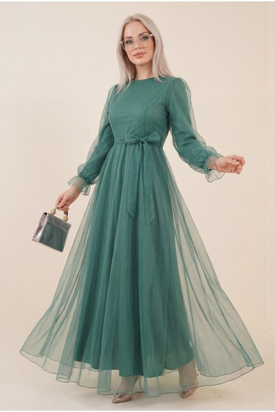 Modamorfo Βραδινό φόρεμα από τούλι με φουσκωτά μανίκια και φούστα - μέντα