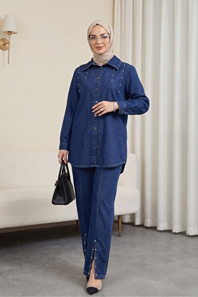 Modamorfo Πέτρινο Αναλυτικό Σετ Τζιν δύο τεμαχίων με σκίσιμο πόδι - Navy Blue