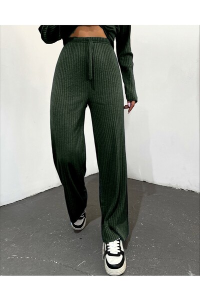 Modamorfo Παντελόνι με φαρδιά ραβδώσεις με λεπτομέρεια δαντέλας -σμαραγδί