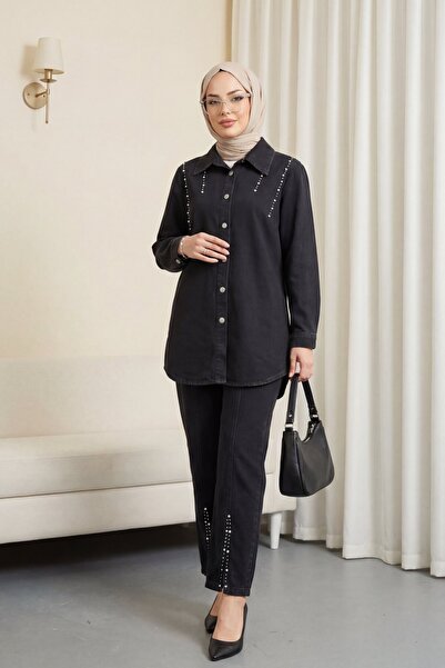 Modamorfo Διπλό τζιν κοστούμι με σκίσιμο πόδι και πέτρινη λεπτομέρεια - μαύρο