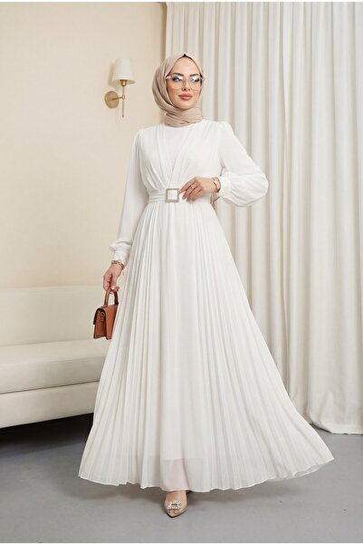 Modamorfo Φόρεμα Τεσεττούρ με πέτρες στη μέση και πλισέ μπροστά - λευκό