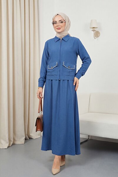 Modamorfo Λινό σετ με μπουφάν με φερμουάρ και φούστα με ελαστική μέση - μπλε