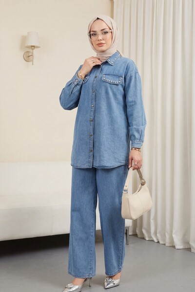 Modamorfo Buttoned Pocket Detailed Wide Leg Trousers Denim Suit - Blue