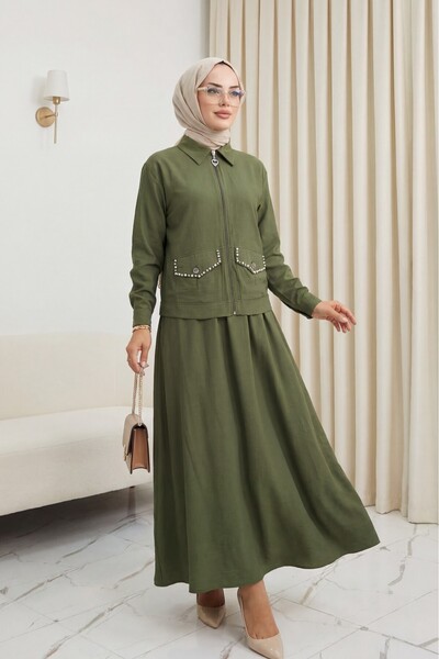 Modamorfo Λινό Σετ με Μπουφάν με Φερμουάρ και Φούστα με Ελαστική Μέση -χακί