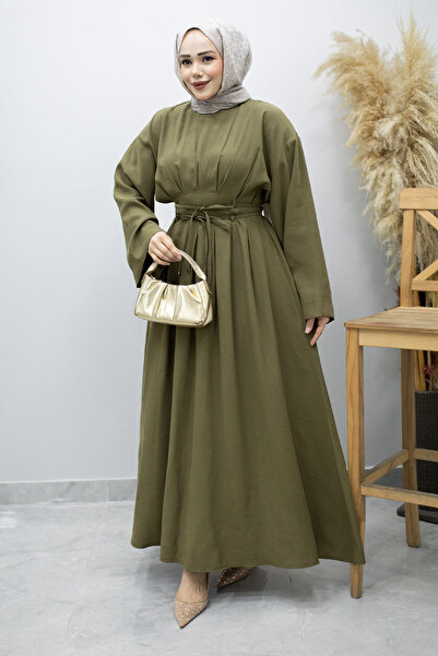 Tesettür Dünyası Φόρεμα με διπλό δέσιμο και τσιμπίδες TSD260185 Χακί