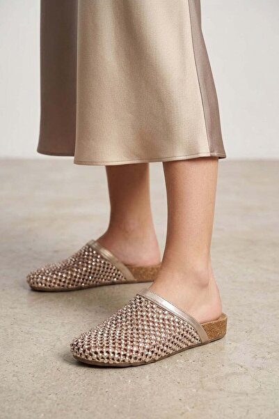 Ayakkabı Fuarı Elit Hml4048 Women's Stoned Flat Slippers Gold
