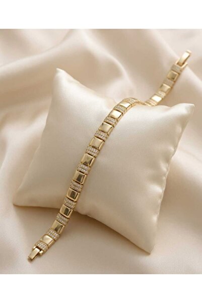 Jewelry 14K Altın Kaplama Premium Seri Zirkon Taşlı Ray Model Bileklik 17+2