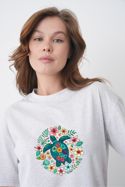 TREND EMMODA Tricou gri cu gât rotund, imprimat cu broasca țestoasă de mare C...