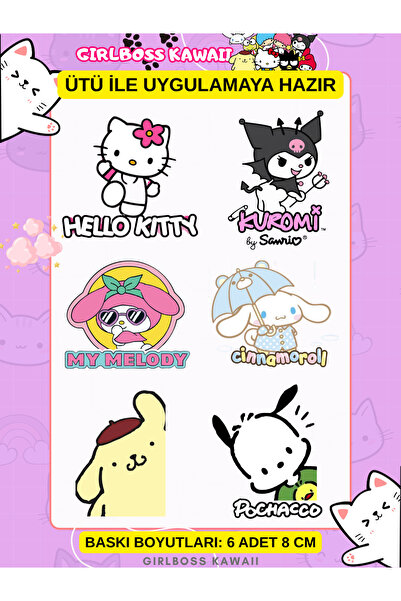 Girlboss Kawaii Hello Kitty ve arkadaşları ütü ile yapışan tekstil baskı , DT...
