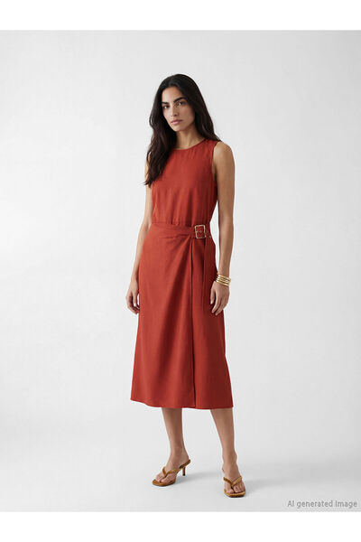 LC Waikiki NEVAVM Farkıyla LCW Vision Καφέ οβάλ φόρεμα με ζώνη στο λαιμό - S6...