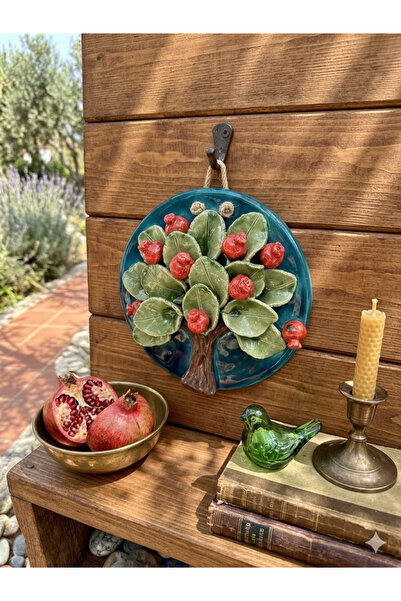 Ahşap Evi El Yapımı Seramik Nar Bereket Ağacı Duvar Süsü 19 cm-Dekoratif Şans...