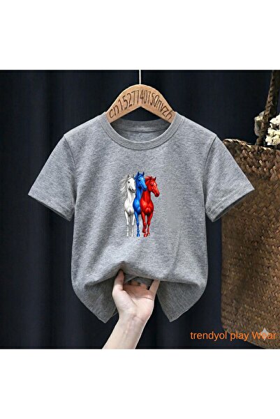 playwear Λευκό Μπλε Κόκκινο Άλογο με στάμπα 100% παιδικό unisex μπλουζάκι 5 6...