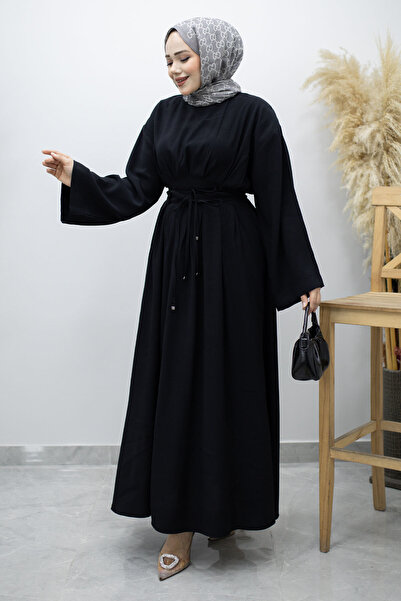 Tesettür Dünyası Φόρεμα με διπλό δέσιμο και τσιμπίδες TSD260185 Μαύρο