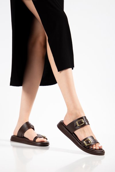 LUFENS Greta Women's Double Buckle Detailed Genuine Leather Bitter Brown Slippers