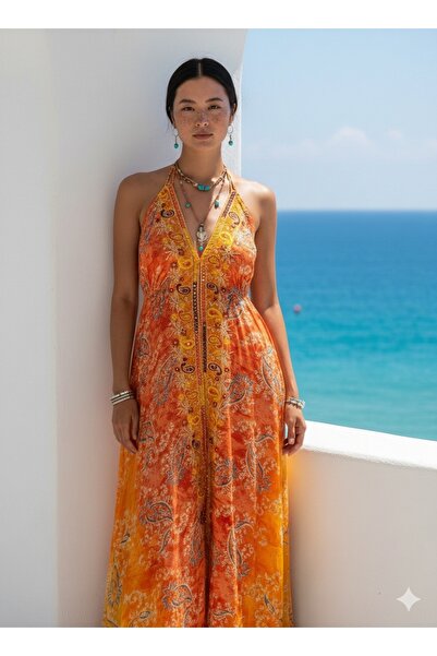 Enuverbi Γυναικείο - Αυθεντικό Φόρεμα Μάξι από Μετάξι με Χρυσό Εμπριμέ Σχέδιο...