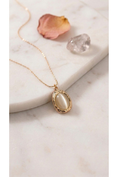 Lune Design Minimal Oval Form Krem-Beyaz Doğal Taşlı Çelik Kadın Kolye