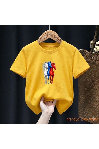 playwear Λευκό Μπλε Κόκκινο Άλογο με στάμπα 100% παιδικό unisex μπλουζάκι 5 6...