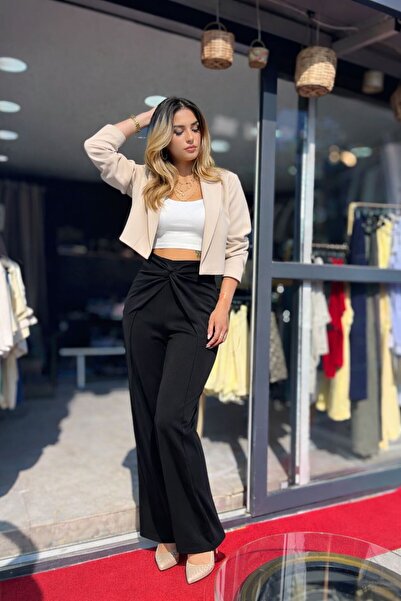 yogo butik Siyah Yüksek Bel Düğüm Detaylı Bol Paça Pantolon