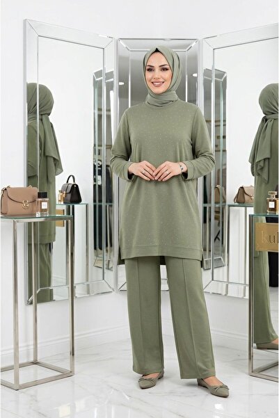 wishne Women's Stone Embellished Tunic and Trousers Double Set - Plus Size Co...